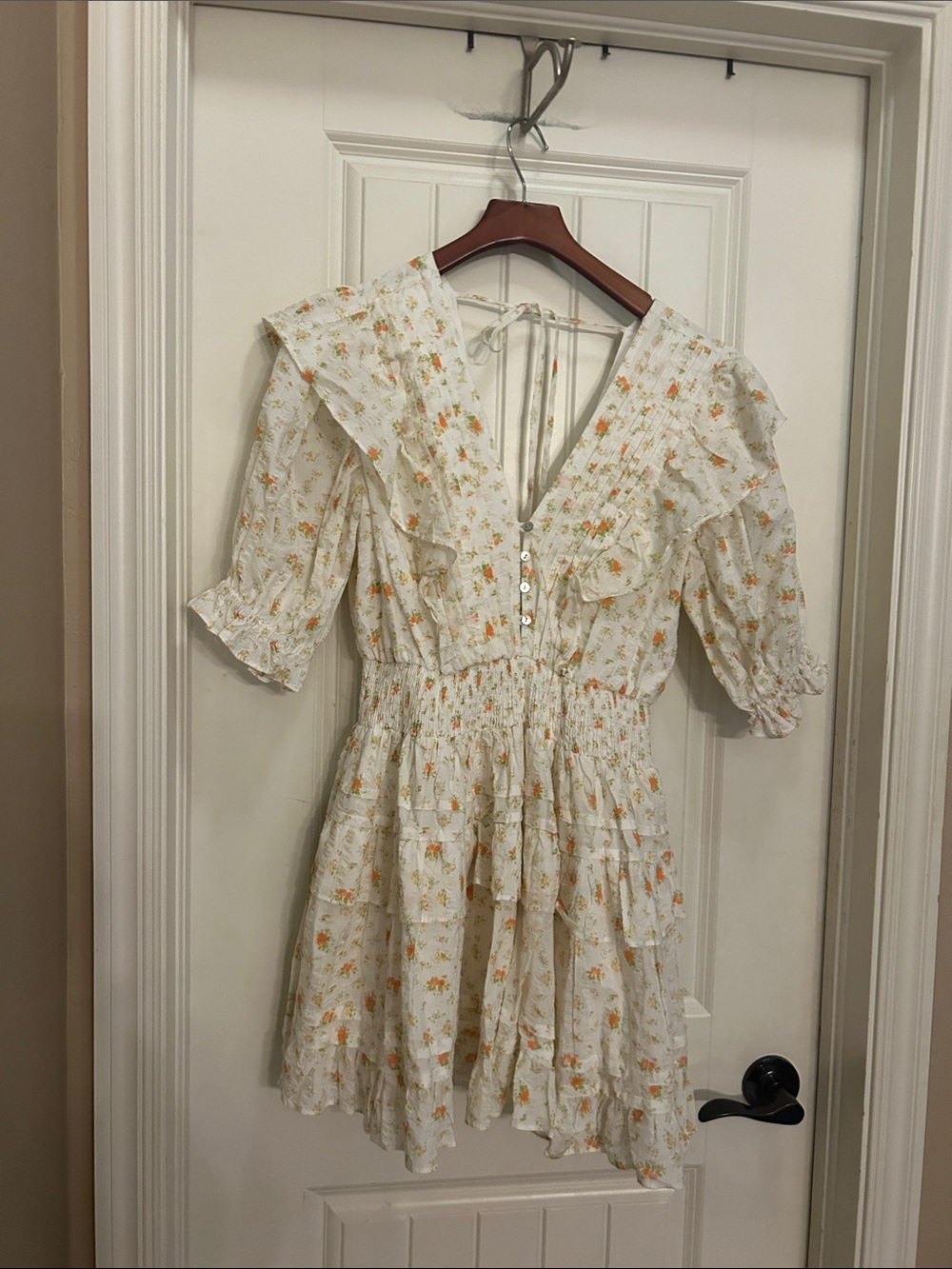 MABLE by Anthropologie Somerset White tiered Mini Dress with Orange Floral Print